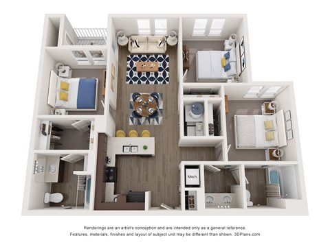 Floor plan for 3 beds, 2 baths, 1110 sqft
